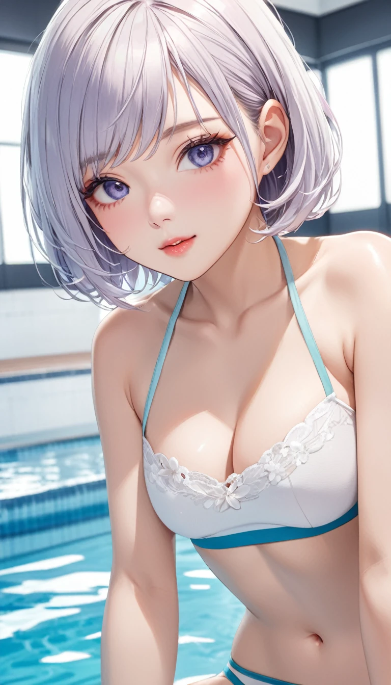 (((masterpiece))),(((High resolution)))、(((8K quality)))、(((perfect face)))、(((Korean beauty))), 30 years old, (((tube top))), bikini, panty, look at the camera, ((high resolution face)), ((top quality eyes)), ((detailed texture)), short hair, at the pool, all body, silver hair, embarrassed look,  Married woman, cool women, big tits
