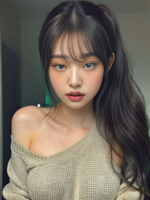 A closeup of a woman with long hair and wearing a sweater with blue-green eyes, curly bangs, korean girl, ulzzang, beautiful south korean woman, Beautiful young Korean woman, Beautiful young Korean woman, Popular Korean makeup, young and adorable korean face, curly bangs and ponytail, South Korean popular makeup, shoulder length wavy hair, with long curly hair, beautiful asian girl, messy curly hair