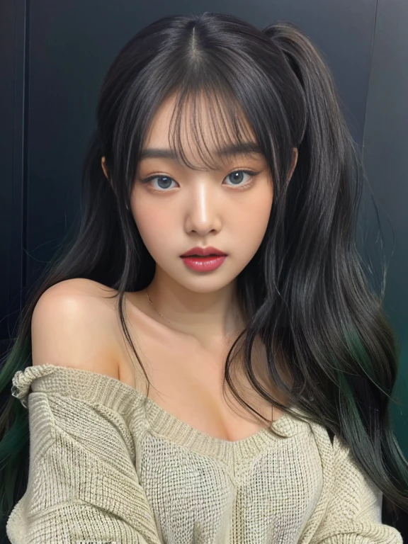 A closeup of a woman with long hair and wearing a sweater with blue-green eyes, curly bangs, korean girl, ulzzang, beautiful south korean woman, Beautiful young Korean woman, Beautiful young Korean woman, Popular Korean makeup, young and adorable korean face, curly bangs and ponytail, South Korean popular makeup, shoulder length wavy hair, with long curly hair, beautiful asian girl, messy curly hair