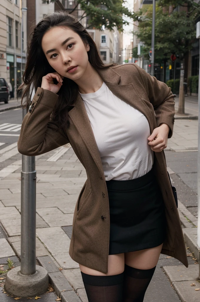 Jessica Henwick, brown coat, white t-shirt, tight black skirt, black socks.