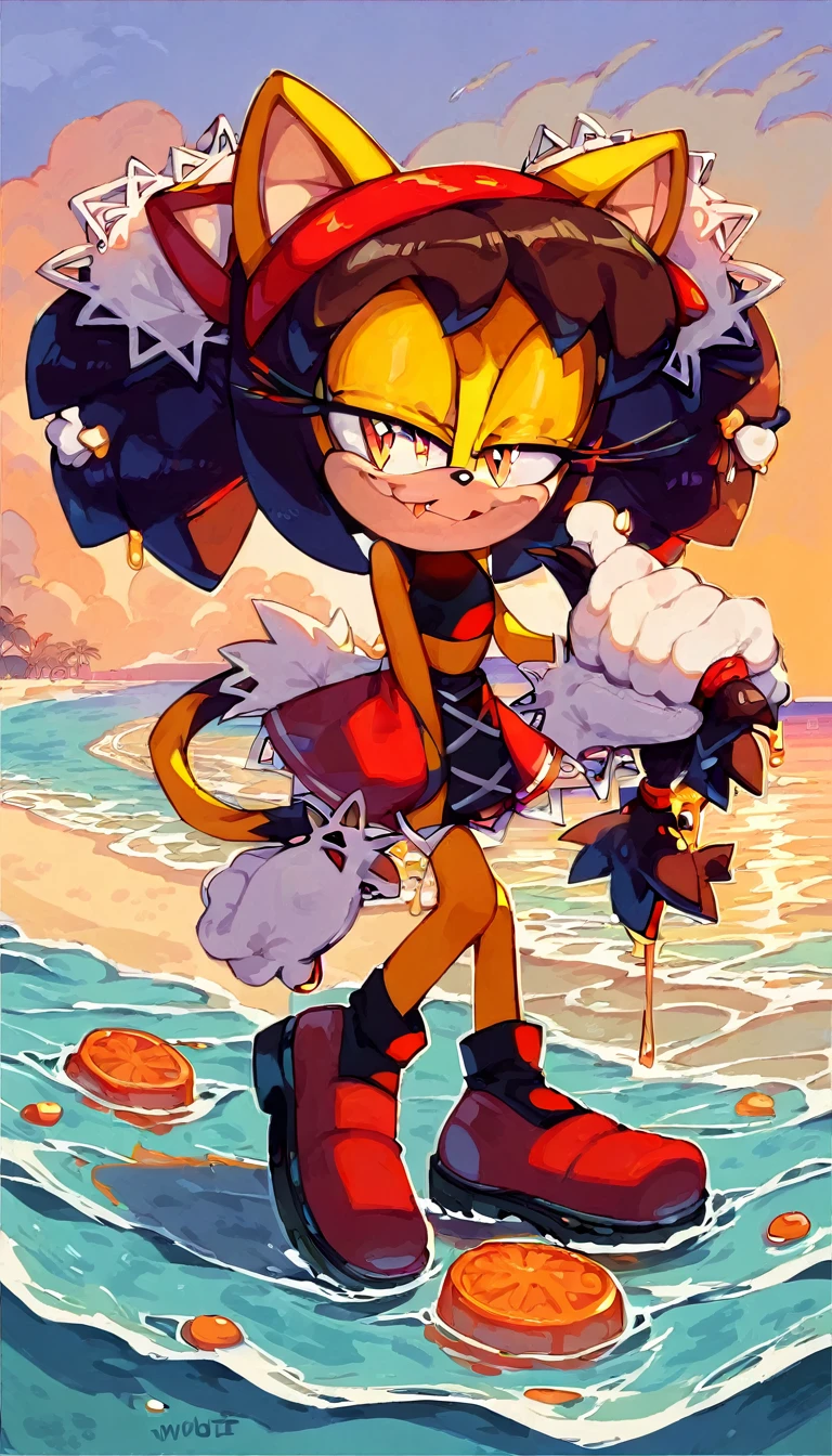 score_9, score_8_up, 2D, beach, sunset, looking at viewer, 1girl, very detailed, extremely detailed, honey the cat from the sonic the hedgehog series, full body, (red bikini), frilly hair ties, half-closed eyes, smug smile