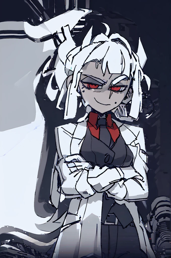((best qualityer)), ((work of art)), (detailded), 1 boy,darkskin,Eyes red,scientist outfit, white labcoat, Messy hair, antlers,((Scientific laboratory)),(crossed arms), wide smile ((psychotic)), holding a knife((bloodstains))