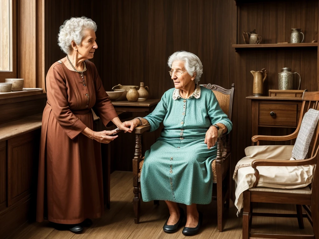 Grandma Catarina talking firmly to a , but kindness, explaining that she needs to rest.