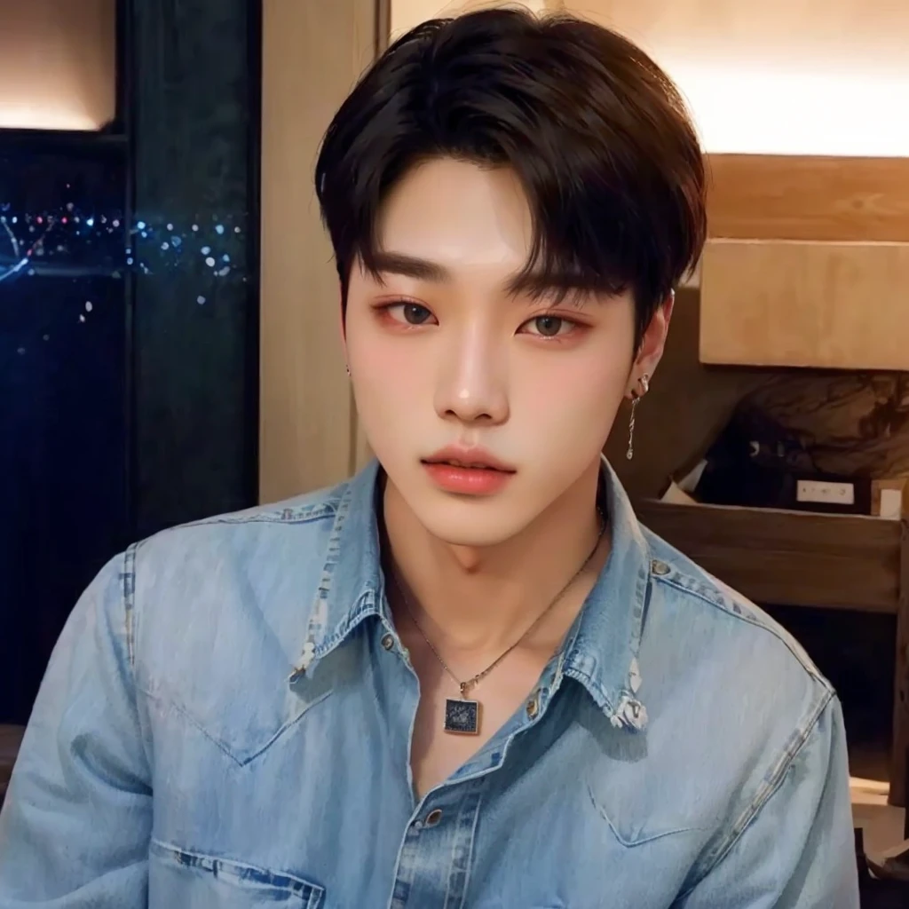 trimmed man in a denim shirt and necklace with a necklace, park Jimin, Jimin, hyung tae, jung jaehyun, Jimin\the right eyelid is swollen, Jimin\the Greek nose, accurate Jimin face, Jimin\the full lips, Tae June Kim, yanjun chengt, hyung tae kim, steven jung, Hong Jun Hyung