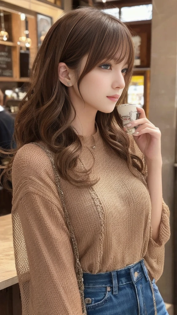 super high quality, Fashion Model, Slender, (8k、RAW Photos、highest quality、masterpiece:1.2), Japanese Idol, Serious expression, brown hair, Stylish café, Fashion magazine shooting, The cafe is crowded with people enjoying themselves., (Realistic、Photorealistic:1.37), Beautiful Face , bob hair, Mesh Hair, Normal chest, Urban Cafe, A gentle gaze, Spring Clothes, curly hair, Beautiful hairstyle, Neat clothes,