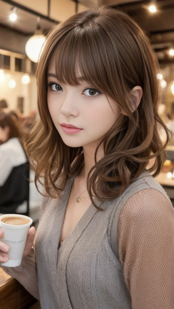 super high quality, Fashion Model, Slender, (8k、RAW Photos、highest quality、masterpiece:1.2), Japanese Idol, Serious expression, brown hair, Stylish café, Fashion magazine shooting, The cafe is crowded with people enjoying themselves., (Realistic、Photorealistic:1.37), Beautiful Face , bob hair, Mesh Hair, Normal chest, Urban Cafe, A gentle gaze, Spring Clothes, curly hair, Beautiful hairstyle, Neat clothes,