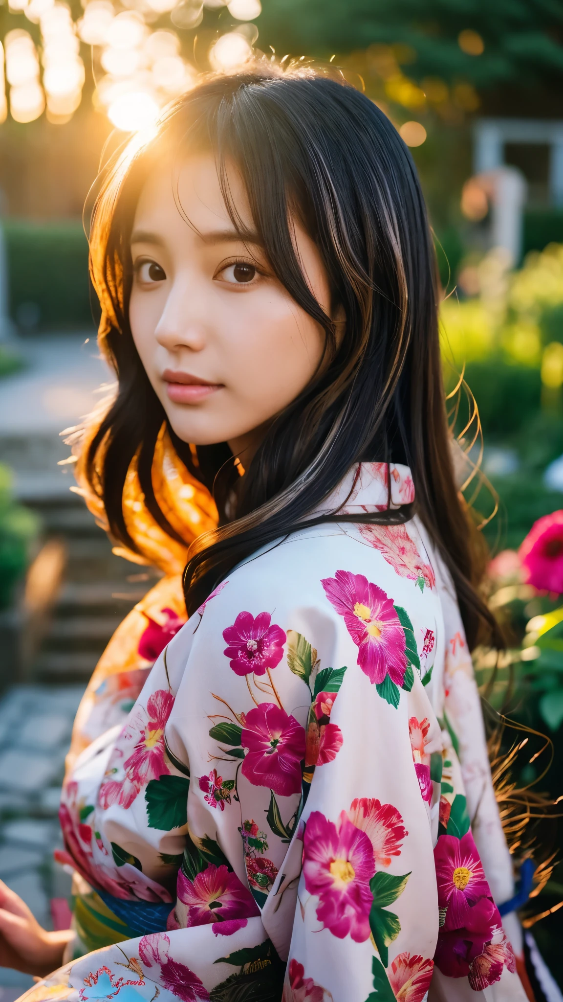 1 female,girl,masterpiece, A lock of hair with slight highlights, black eyes, mixed media, Sexy,garden background,Gorgeous kimono , Liquid color flows across her face, sunset,Yui Aragaki