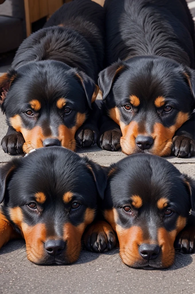 A rottweiler dog with three heads sleeping.