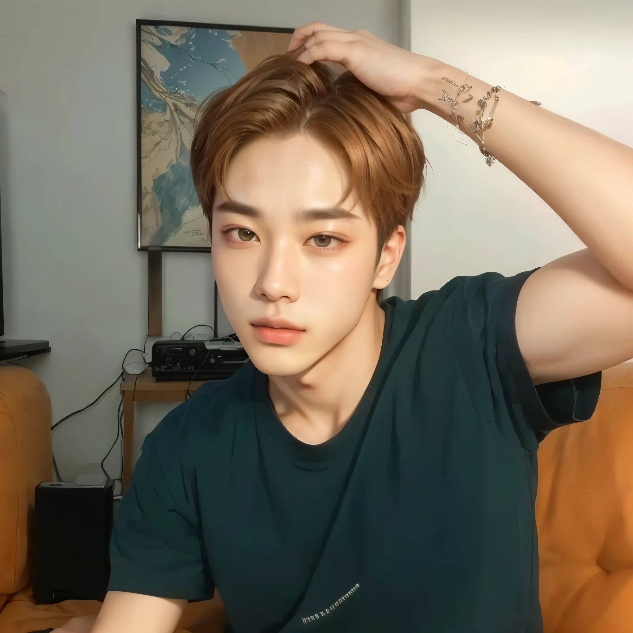 there is a man sitting on a sofa with a remote control, accurate Jimin face, Jimin\the Greek nose, park Jimin, Jimin\the right eyelid is swollen, Jimin\the full lips, Jimin, jung jaehyun, with short hair, with same hairstyle, hyung tae, Tae June Kim, all from the group nct