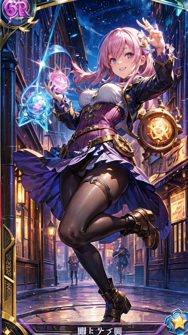 (1 Mature Alchemist,Full Body Tights,Age 35), ((Pub,guild)),(smile),Dynamic pose,Dynamic Angle,Pose for a photo,From below,Elderly woman、Trading Card Game Frames、Highest Rare、Five Fingers、Signature mark、Recovery Officer、Big Butt、Pink Hair、Woman with magic item