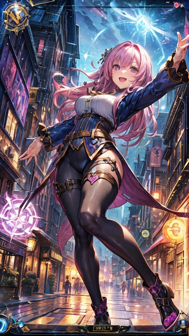 (1 Mature Alchemist,Full Body Tights,Age 35), ((Pub,guild)),(smile),Dynamic pose,Dynamic Angle,Pose for a photo,From below,Elderly woman、Trading Card Game Frames、Highest Rare、Five Fingers、Signature mark、Recovery Officer、Big Butt、Pink Hair、Woman with magic item