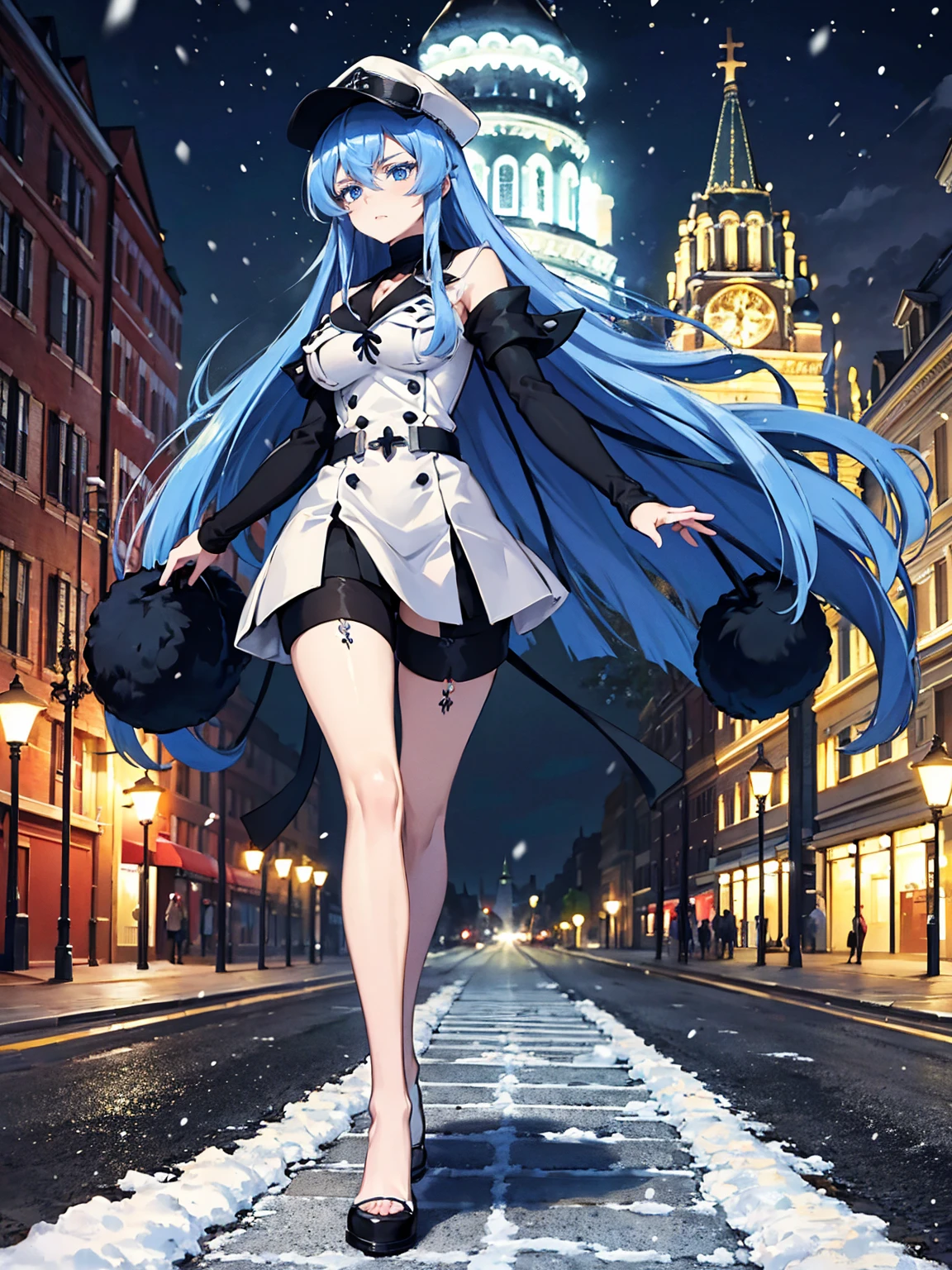 (artwork, best quality) a girl with long blue hair, blue eyes, blue eyelashes, big breasts, white sweatshirt with a hat, (full body), walking, upset, on a street in Russia, snowing heavily, at night