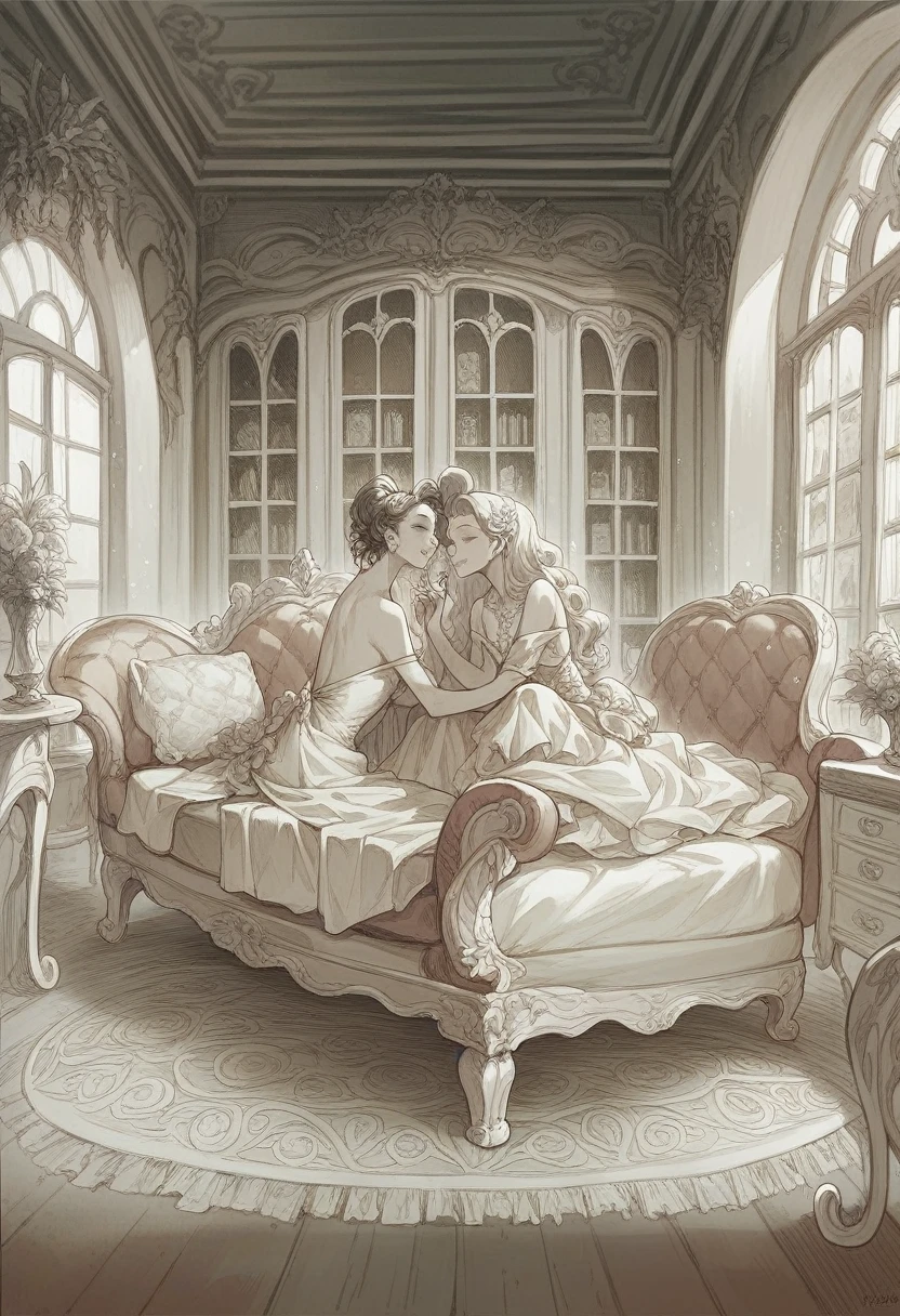 there is a white bed sitting in a room with a lot of furniture, lavish rococo baroque setting, ornate furniture, ivory rococo, dreamy and detailed, rococo style, luxury furniture, rococo baroque, elegant furniture, # rococo, the style of rococo, in romantic style, elegant baroque, rococo, beautiful interior, cosy atmoshpere