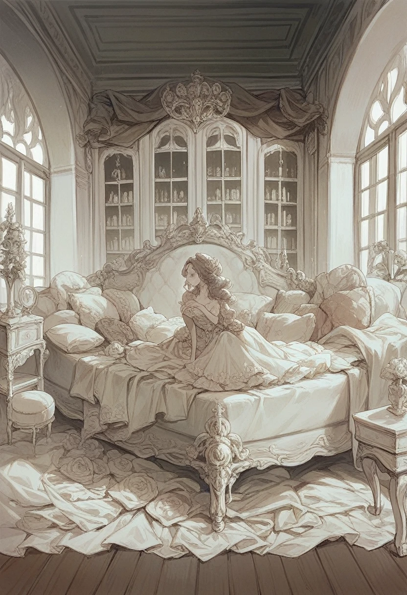 there is a white bed sitting in a room with a lot of furniture, lavish rococo baroque setting, ornate furniture, ivory rococo, dreamy and detailed, rococo style, luxury furniture, rococo baroque, elegant furniture, # rococo, the style of rococo, in romantic style, elegant baroque, rococo, beautiful interior, cosy atmoshpere