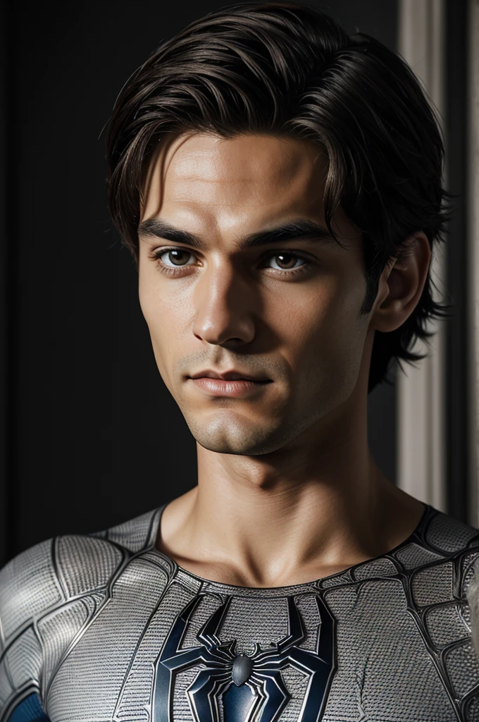 A photograph of Spider-Man., sin mascara, the 20s, elegant, detailed face, looking to the camera, portrait, 8k hd, high quality