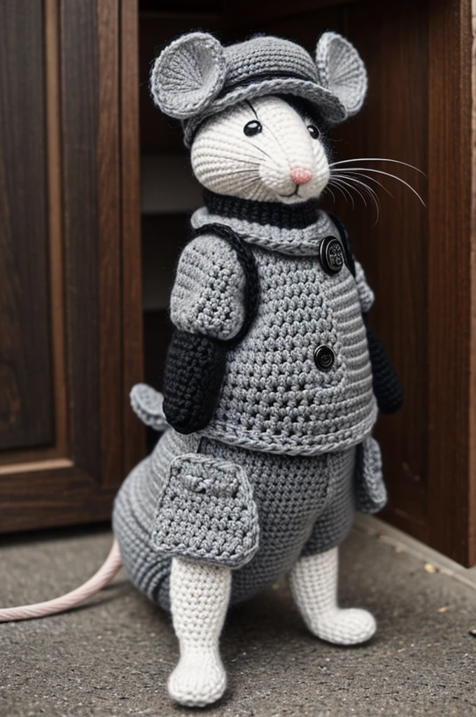 mouse on two legs, of gray color, with black safety vest, with a hat, and everything is knitted or crocheted