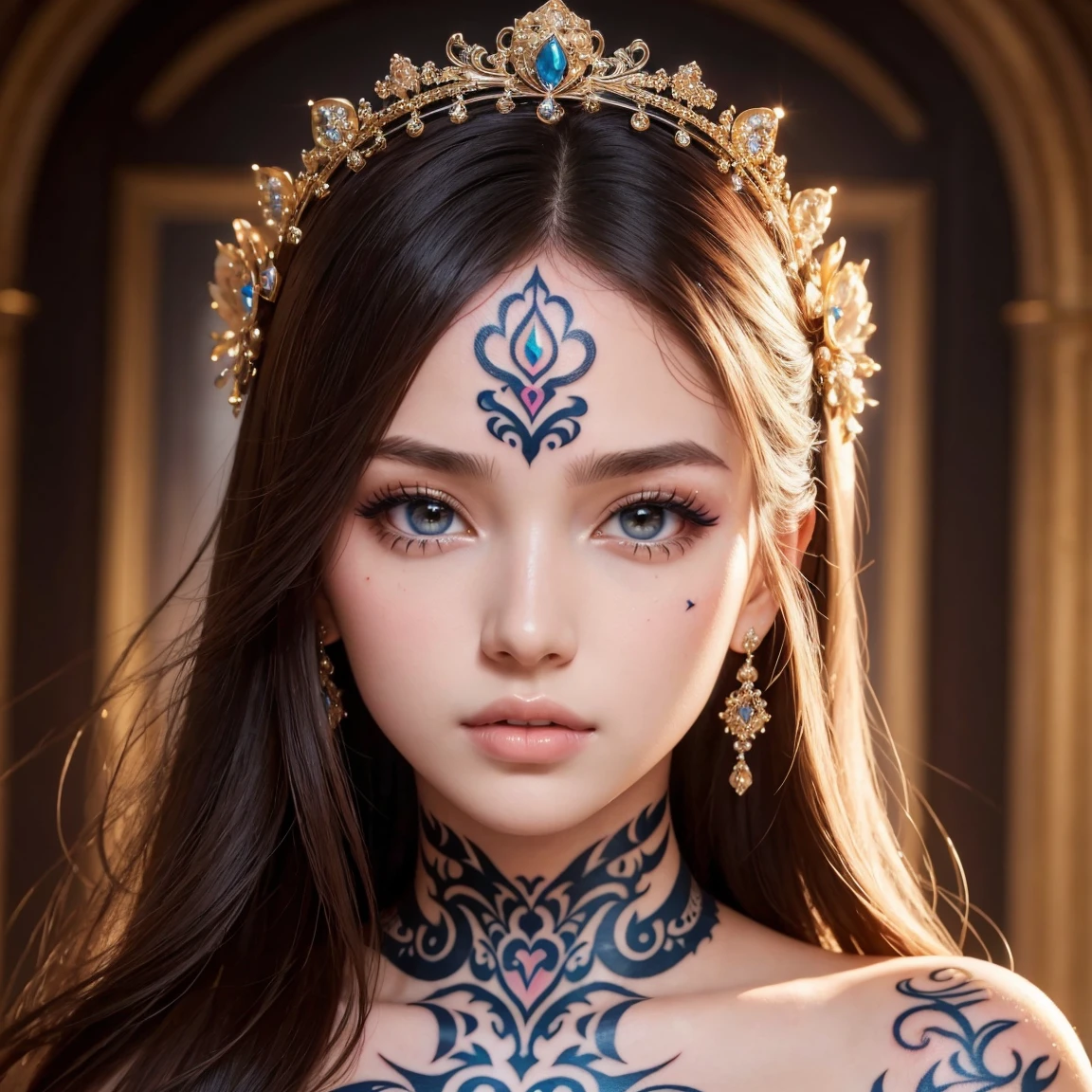 (masterpiece, best quality), ultra detailed, high resolution, 16k, the most beautiful face in the world, perfect face, delicate facial features, highly detailed beautiful face and eyes, shiny skin, highly detailed background, elaborately designed, fine cloth texture, BREAK, (gorgeous and stunning teenage princess in gorgeous and luxurious princess dress:1.2), perfect make-up, eyeshadow, lash extensions, rouge, deeply in love, full of elegance, (face mysterious tattoo:1.4)