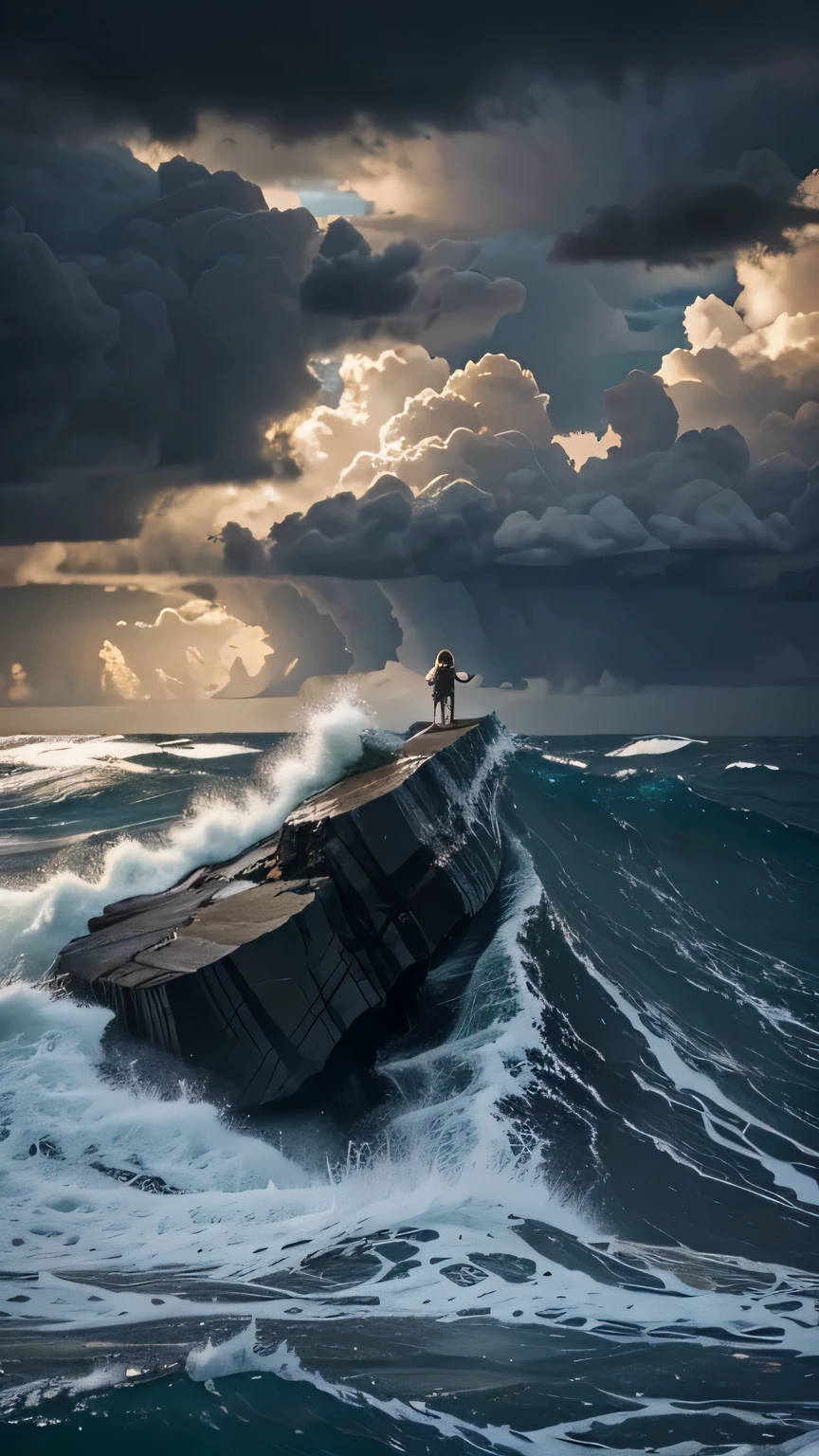 Haven in the Storm:
“Jesus Christ standing on a rock in the middle of a raging storm, with strong winds and waves crashing around. below, a person is on his knees, looking up in despair. Jesus reaches out, creating an aura of calm around you, symbolizing strength and protection.”