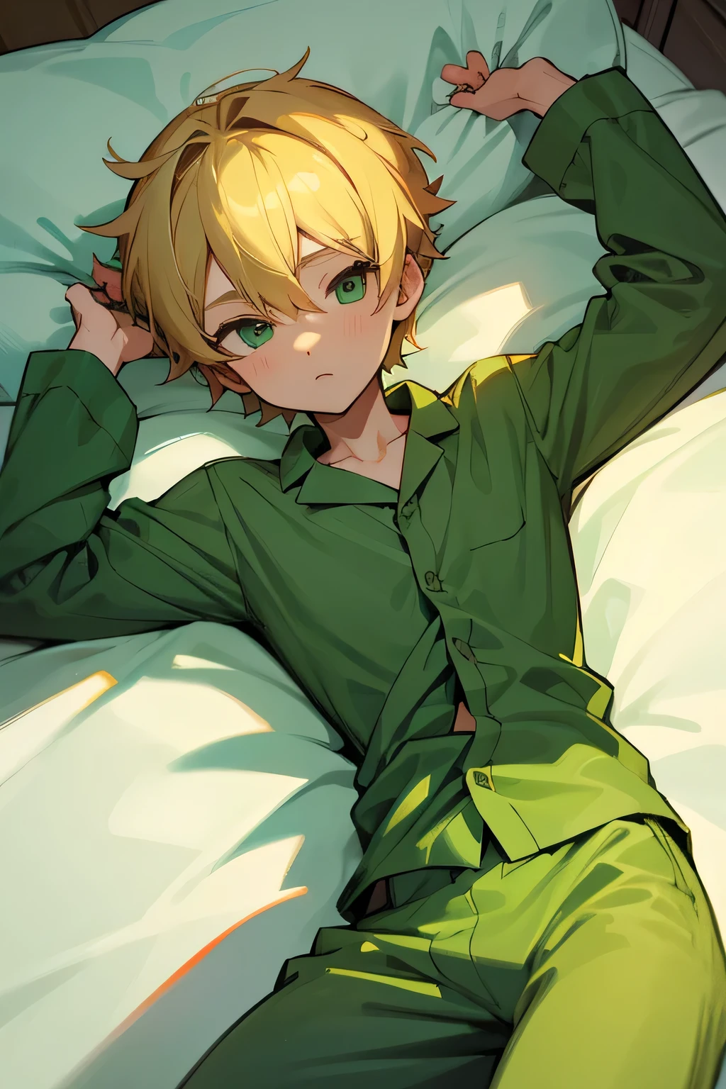 Boy with green eyes and blonde hair wearing green pajamas waking up, the boy's name is Felix