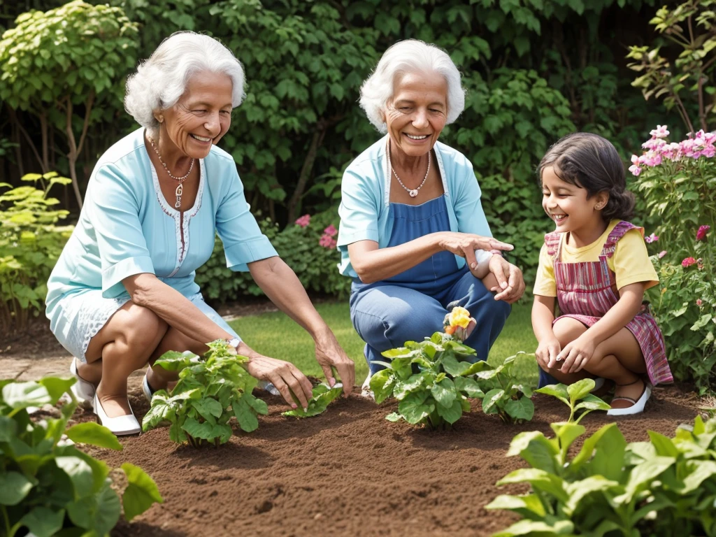 Grandma Catarina playing with the children in the garden, with a radiant smile on your face