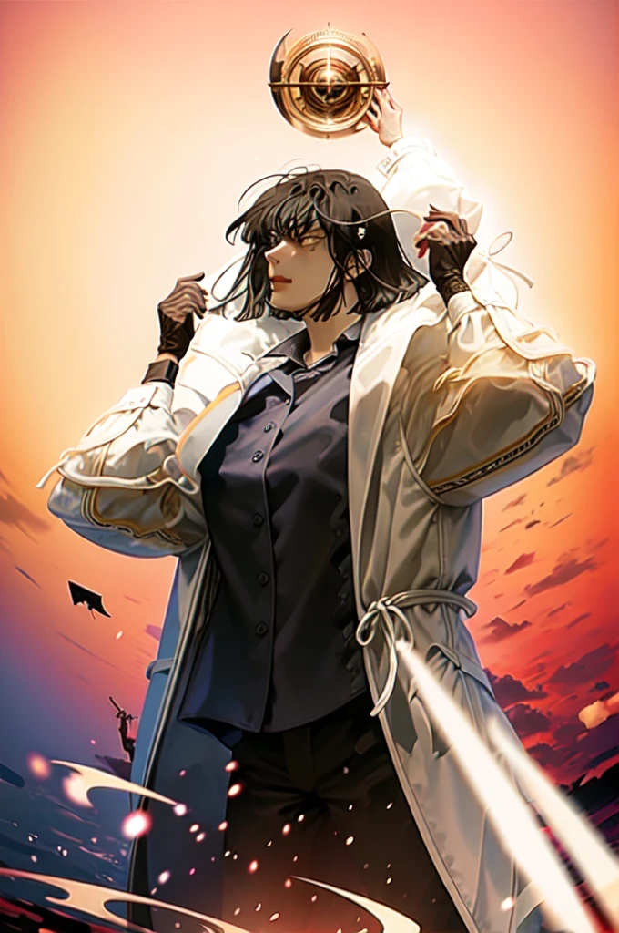 (masterpiece, best quality:1.2), intricate details, han sooyoung, 1girl, bangs, white coat, black shirt, long sleeves