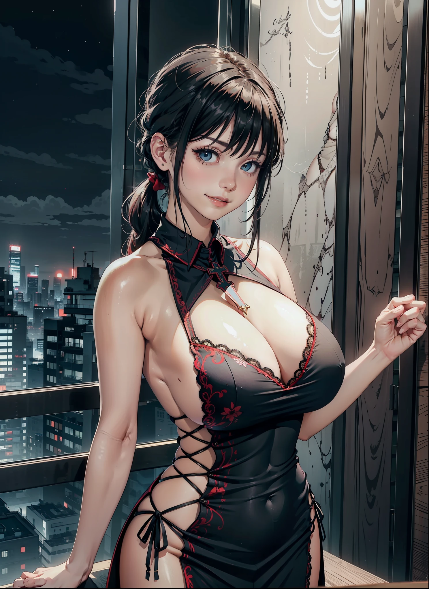 Ponytail,alone, masterpiece,huge breast, looking at viewer, detail eyes, (detail face:1.2), standing,  (front view), (Sideless Cross-Laced China Dress), (half body shot:1.5), looking at viewer, (cleavage), red and black dress, smile, perfect breast, indoors, night