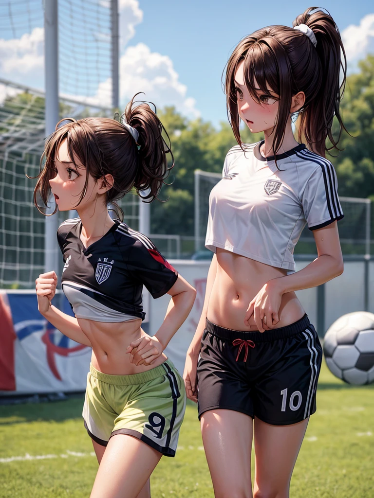 cute, sexy, girl, brown hair, ponytail, soccer, soccer field, summer, hot, sweating, tired, white crop top, black soccer shorts, hot, whore, tall, standing, running, long legs, belly, button, skinny, tied back hair, 