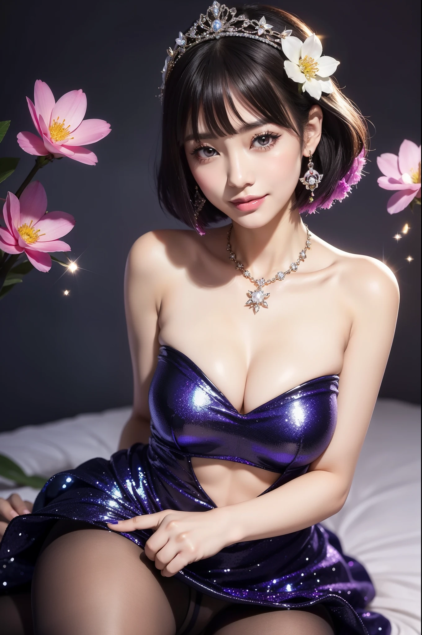 beautiful Indonesian model who controls poison、happy smile、lipgloss、intense makeup、look at the camera、full body Esbian、、sparkling poisoned flower costume、、、、sparkling Colorful short hair、secrete poison、skull hair accessories、sexy tights、shiny sparkling flowers background