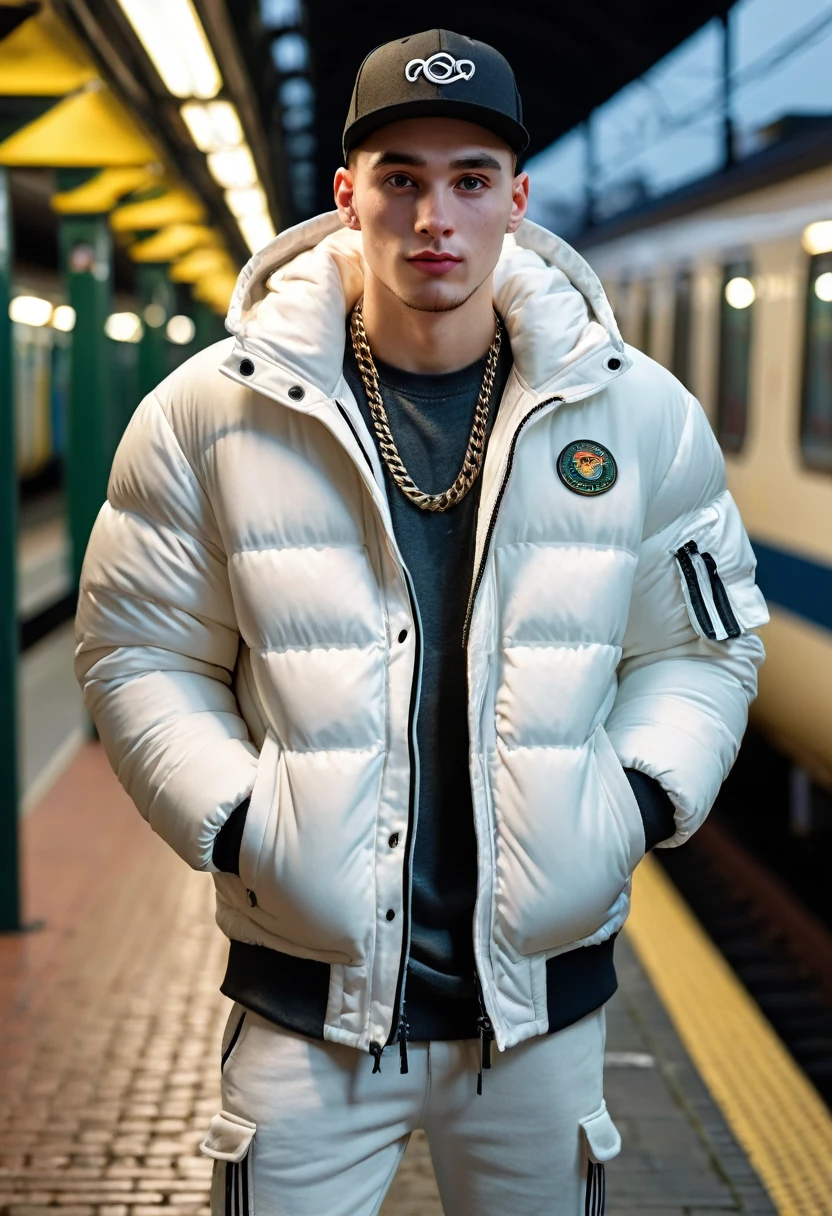 (photo realistic:1.5), wide angle, long shot, (young male:1.5), suburban chav, scally, proll, smirk, white puffer jacket, sweatpants, sneakers, bulging crotch, base cap, (hands in pockets:1.5), heavy necklace, wristwatch, railway platform, nighttime, trains, blurry background
(extremely intricate:1.2), (exquisitely detailed skin), dim yellowish lighting, dark soft colors, mystery, atmospheric, ultra high res, 8k uhd, intricate details, best face, best eyes, best hands, best quality, delicate, detailed face, detailed eyes, masterpiece, film grain
vpl
