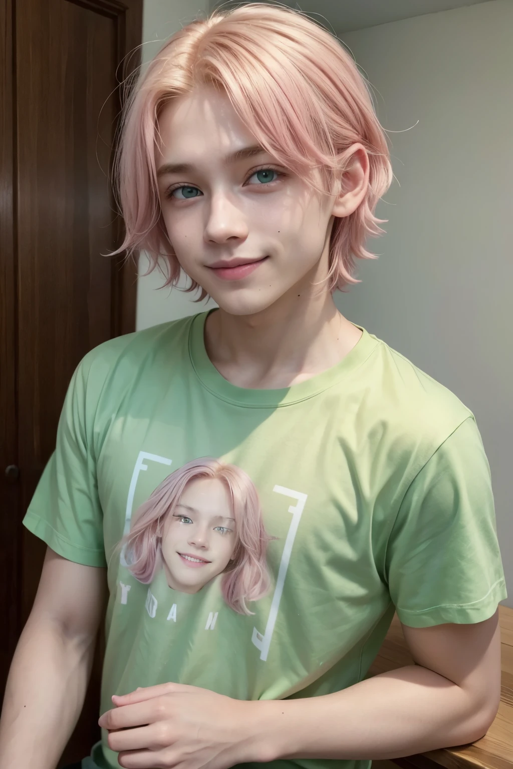 1boy, light skin, blonde and pink hair, middle-part hair, cute smile, green eyes, pink t-shirt