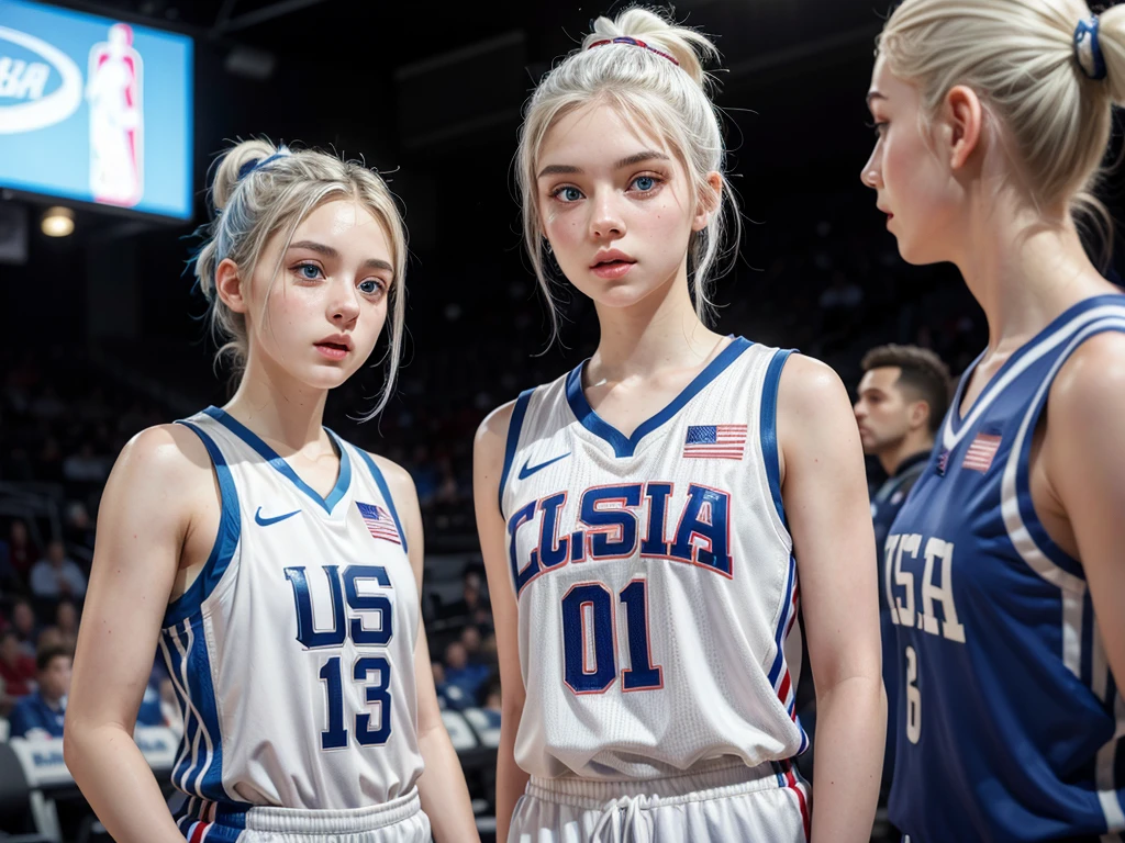 Female teenager with white hair up blue eyes and white skin wearing USA NBA uniform 