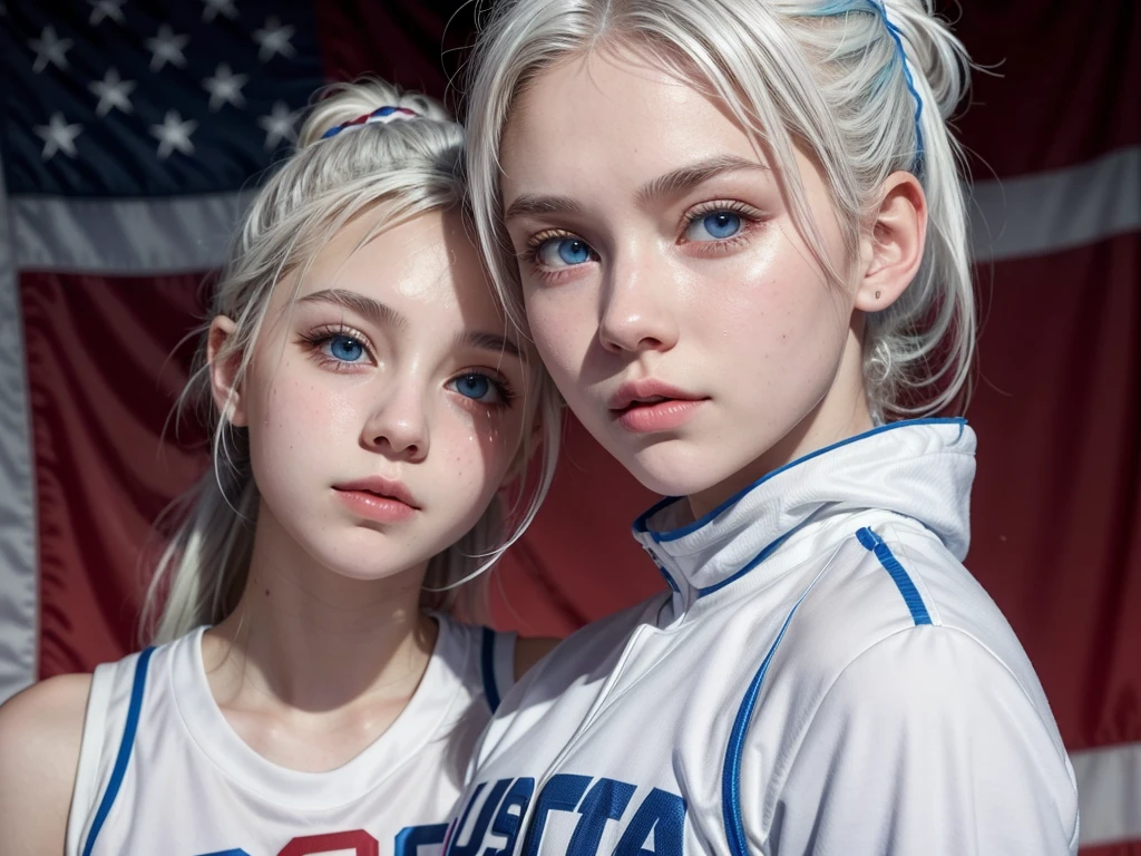 Female teenager with white hair up blue eyes and white skin wearing USA NBA uniform