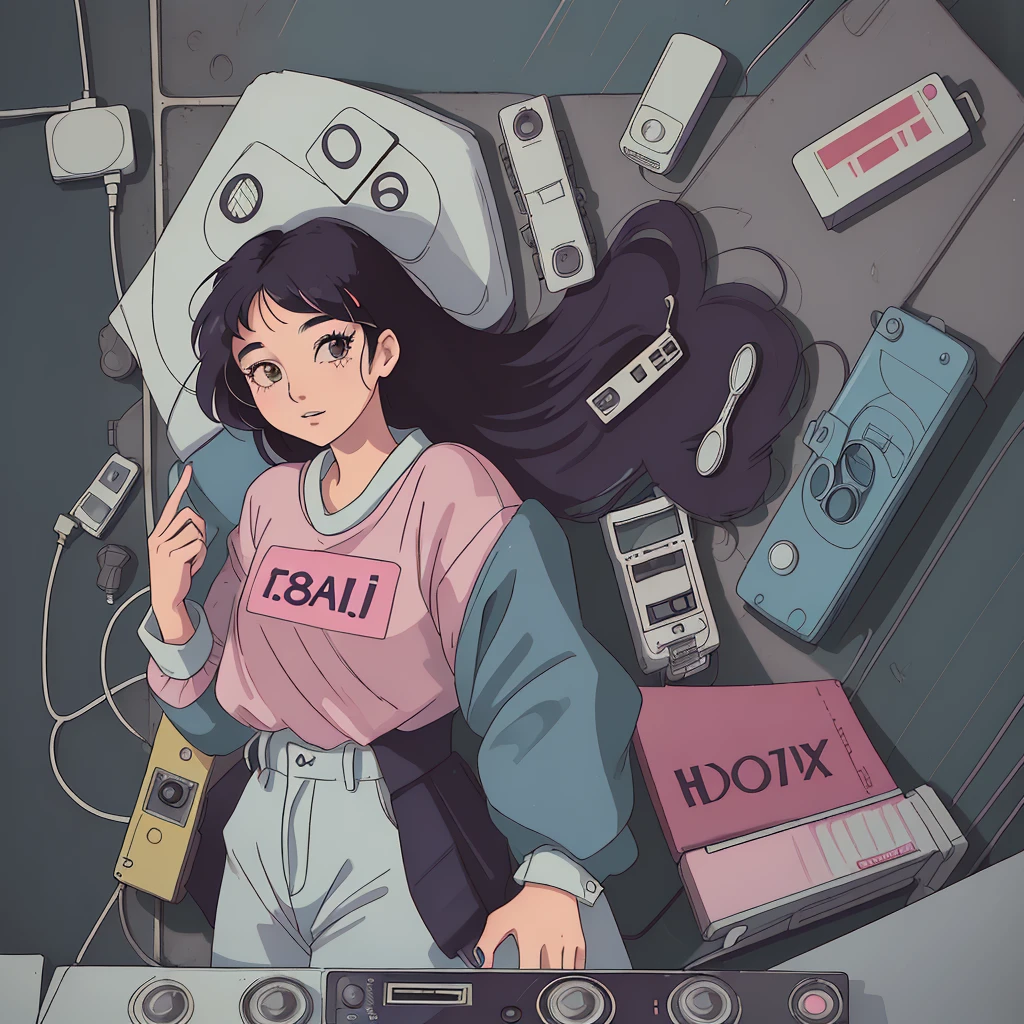 A very beautiful Japanese girl around 18 years old.,woman,He is looking at me with an old cassette tape,womanはとても幸せそうです,1980s,Wearing retro clothes