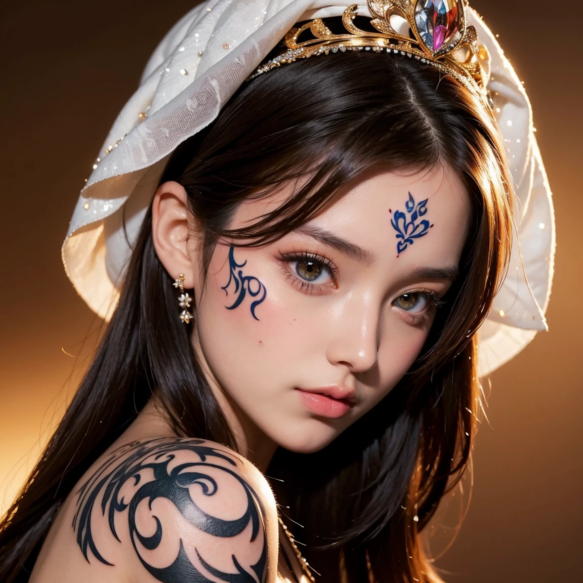 (masterpiece, best quality), ultra detailed, high resolution, 16k, the most beautiful face in the world, perfect face, delicate facial features, highly detailed beautiful face and eyes, shiny skin, highly detailed background, elaborately designed, fine cloth texture, BREAK, (gorgeous and stunning teenage princess in gorgeous and luxurious princess dress:1.2), perfect make-up, eyeshadow, lash extensions, rouge, deeply in love, full of elegance, (face mysterious tattoo:1.4)