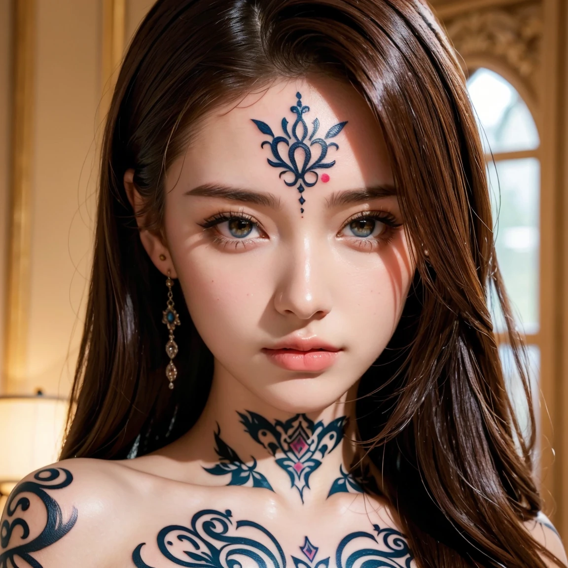 (masterpiece, best quality), ultra detailed, high resolution, 16k, the most beautiful face in the world, perfect face, delicate facial features, highly detailed beautiful face and eyes, shiny skin, highly detailed background, elaborately designed, fine cloth texture, BREAK, (gorgeous and stunning teenage princess in gorgeous and luxurious princess dress:1.2), perfect make-up, eyeshadow, lash extensions, rouge, deeply in love, full of elegance, (face mysterious tattoo:1.4)