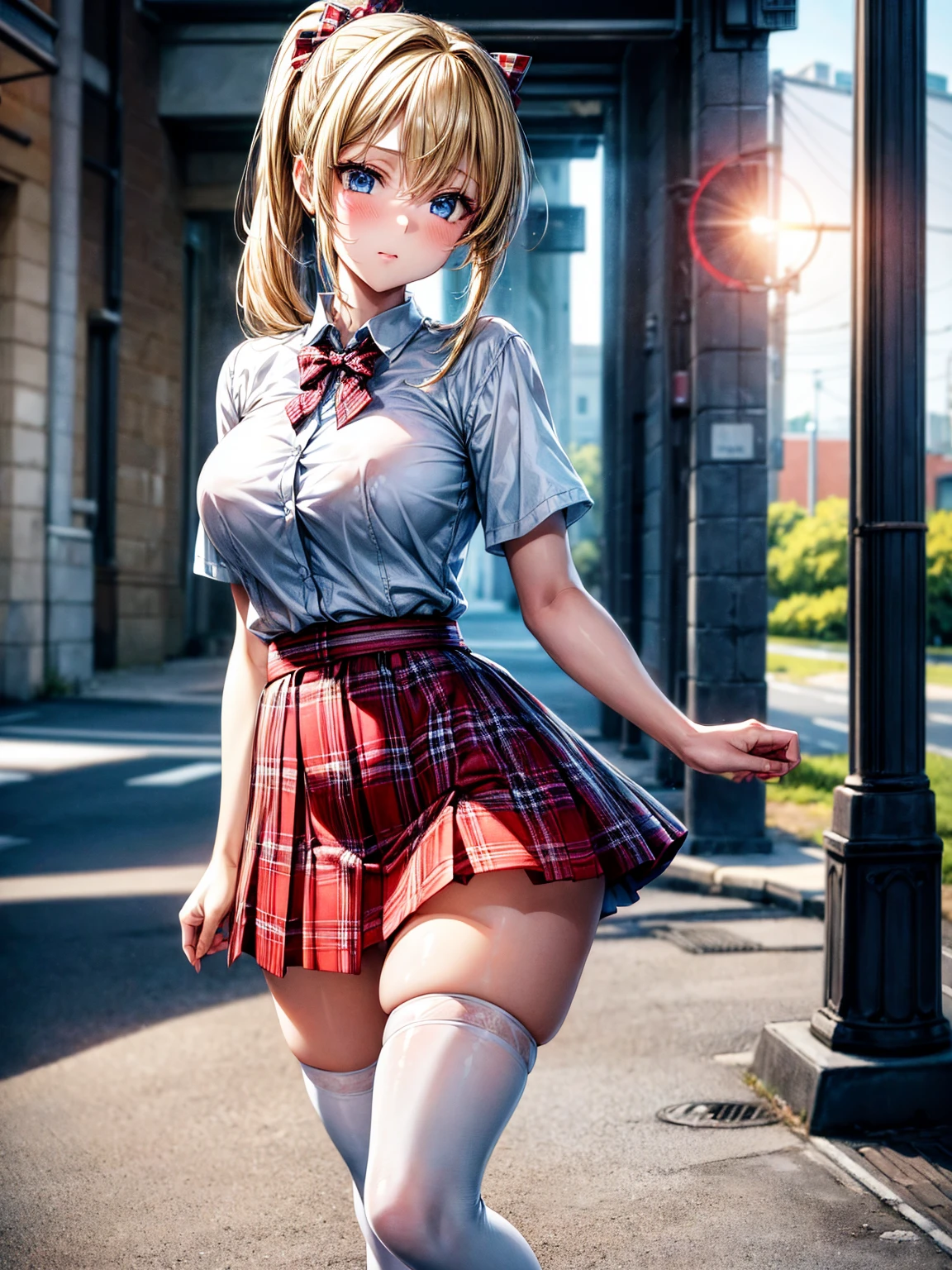 1girl,masterpiece,best quality,blonde hair,(ponytails),blue eyes,(white stockings),(red plaid skirt),short skirt,standing,in full length,medium breasts,white t shirt,in front of streets,extremely detailed,[[realistic]],beautiful alluring anime ,seductive anime girl,waving skirt