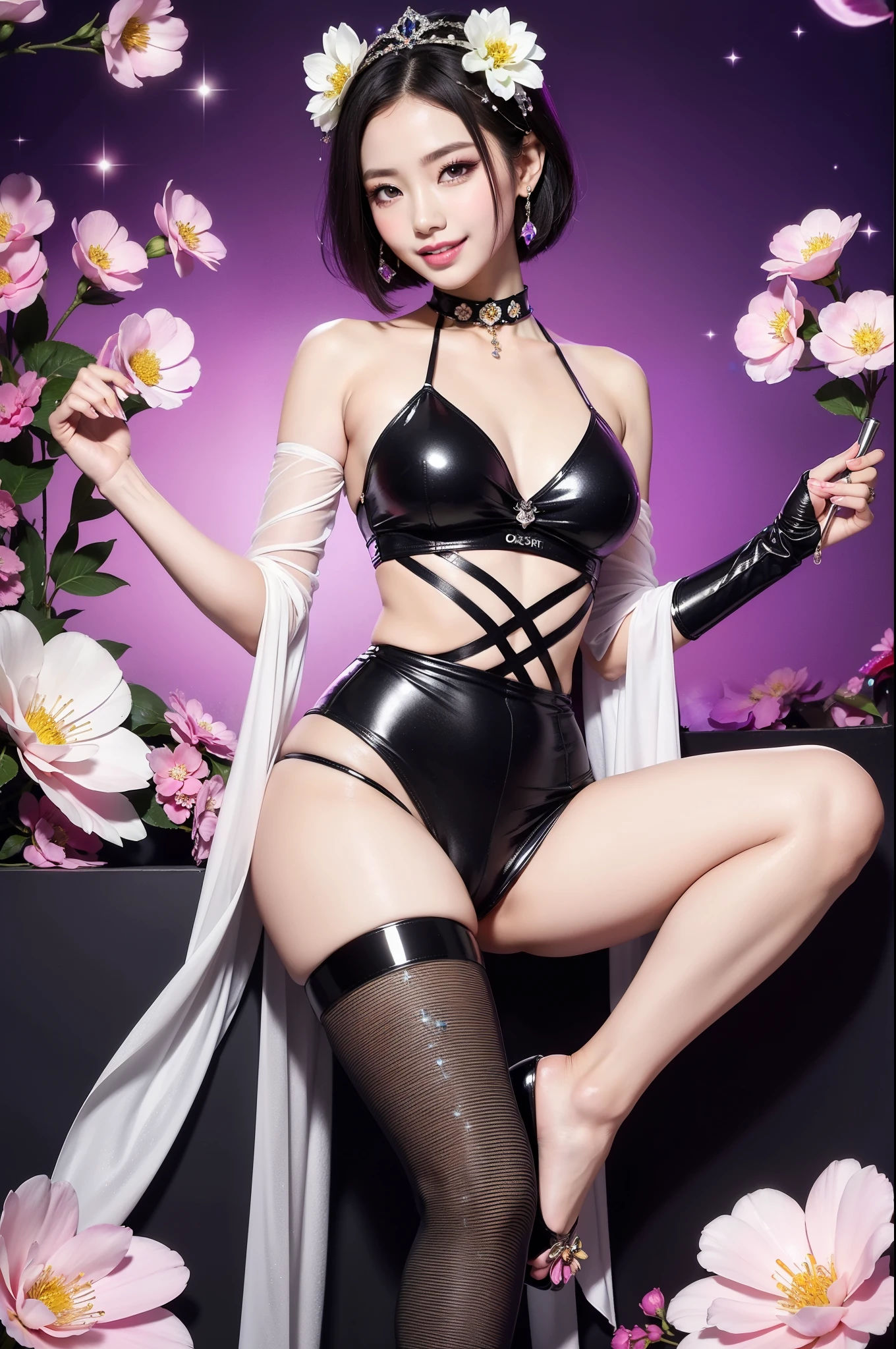 beautiful Indonesian model who controls poison、happy smile、lipgloss、intense makeup、look at the camera、full body Esbian、、sparkling poisoned flower costume、、、、sparkling Colorful short hair、secrete poison、skull hair accessories、sexy tights、shiny sparkling flowers background