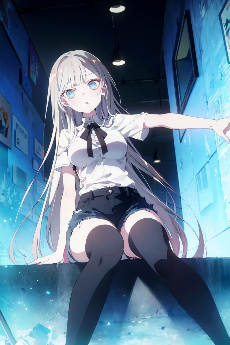 (masterpiece, Best quality, absurd), 1 girl, white hair, long hair, straight hair, blunt bangs, light blue eyes, big breasts, aesthetic waist, pale skin, white shirt, short jeans, black stockings and black heels, face angry face, beautiful, full length, masterpiece, in an abandoned dark building, at night, pointing finger at me, sitting on a wooden platform, ruka, view from below, threatening
