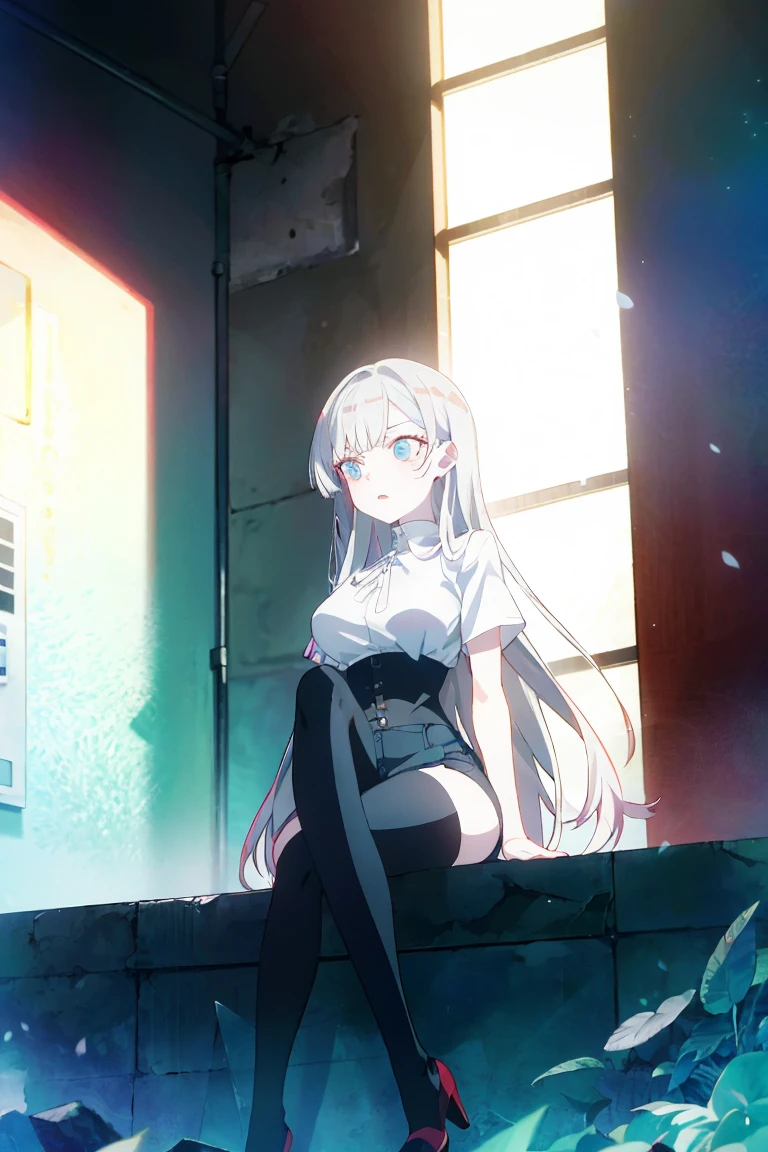 (masterpiece, Best quality, absurd), 1 girl, white hair, long hair, straight hair, blunt bangs, light blue eyes, big breasts, aesthetic waist, pale skin, white shirt, short jeans, black stockings and black heels, face angry face, beautiful, full length, masterpiece, in an abandoned dark building, at night, pointing finger at me, sitting on a wooden platform, ruka, view from below, threatening
