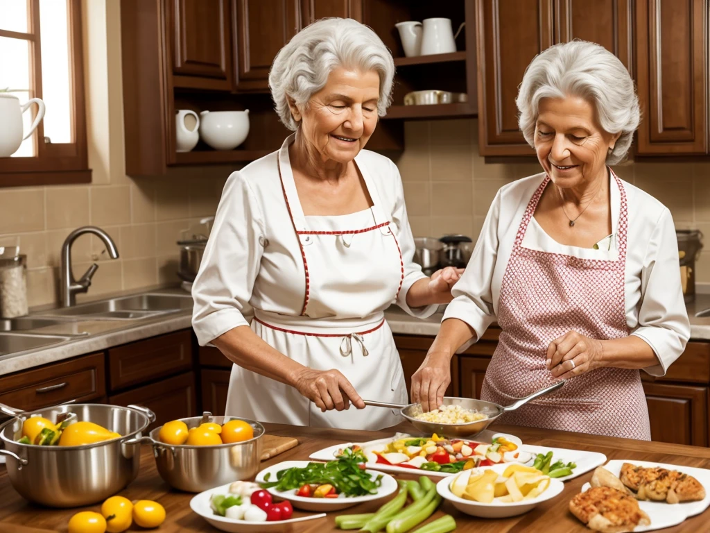 Grandma Catarina cooking happily in her kitchen, preparing a delicious meal for your friends and family.