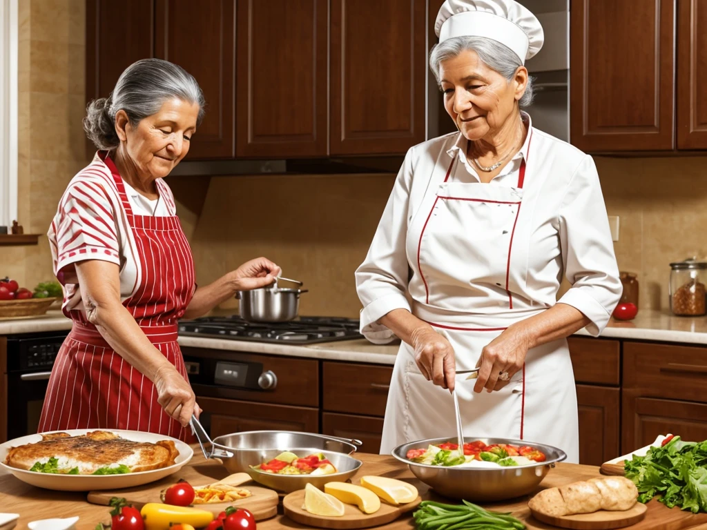 Grandma Catarina cooking happily in her kitchen, preparing a delicious meal for your friends and family.