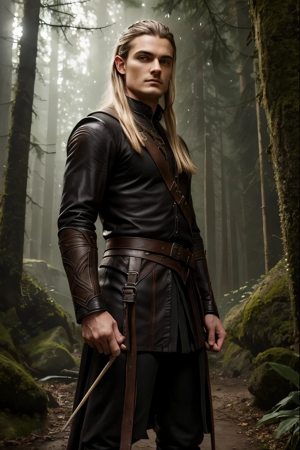 (Meisterwerk, digital art) Dark evil beautiful seductive slim athletic legolas, perfect face Orlando bloom, in a dark enchanted forest, holding a bow, BDSM master