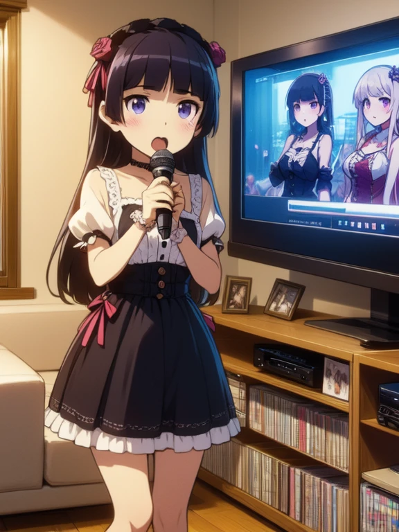 (ruri gokou), (Ultra-high resolution), (masterpiece), (Attention to detail), (high quality), (最high quality) , 1 Girl, alone, Hime cut, Gothic Lolita, Lolita Fashion, head band,, ((karaoke machine wired)), (2girl), singing, holding a mic, subtitle on TV, manga bookcase, sofa, carpet, posters, curtain, wooden floor, slipper,