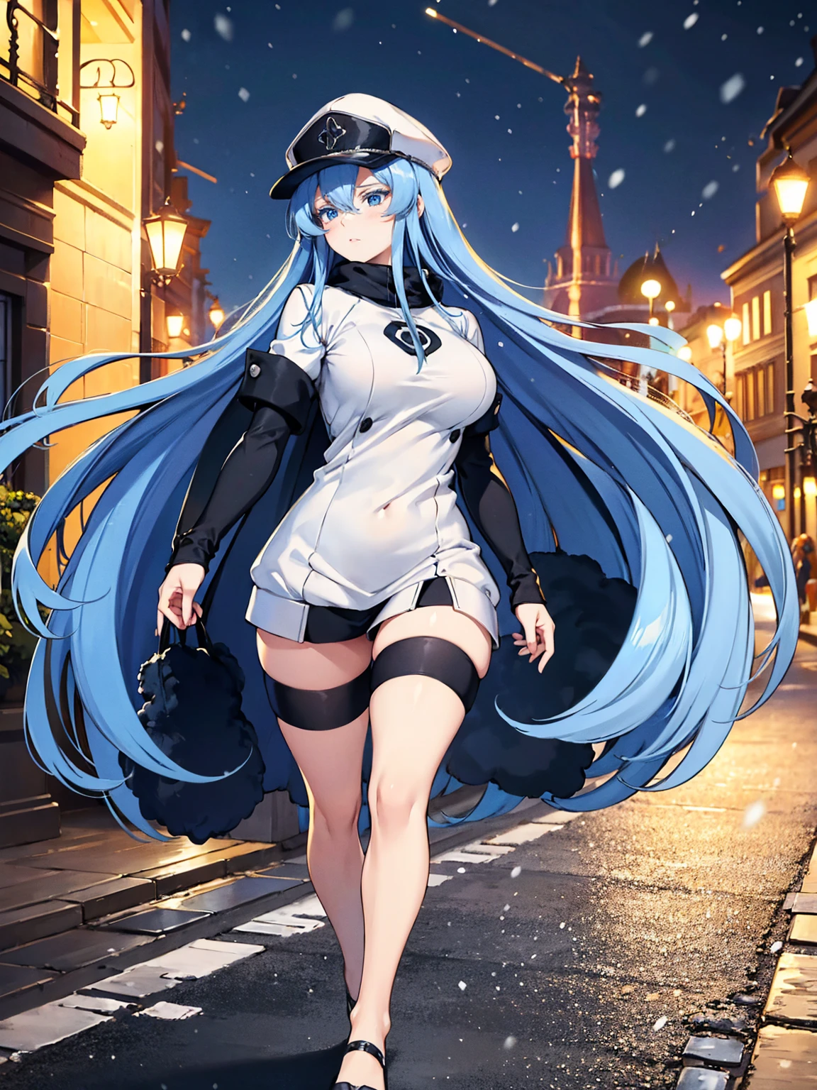 (artwork, best quality) a girl with long blue hair, blue eyes, blue eyelashes, big breasts, white sweatshirt with a hat, walking, upset, on a street in Russia, snowing heavily, at night