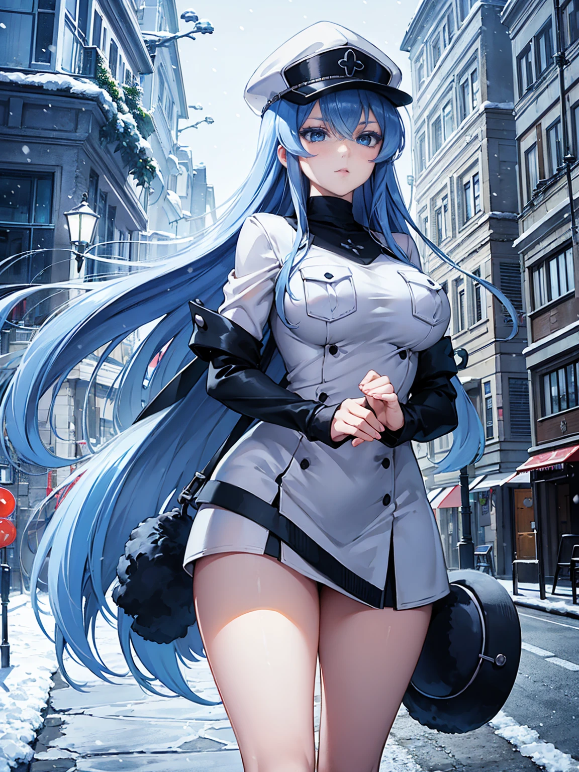 (artwork, best quality) a girl with long blue hair, blue eyes, blue eyelashes, big breasts, white sweatshirt with a hat, walking, upset, on a street in Russia, snowing heavily, at night