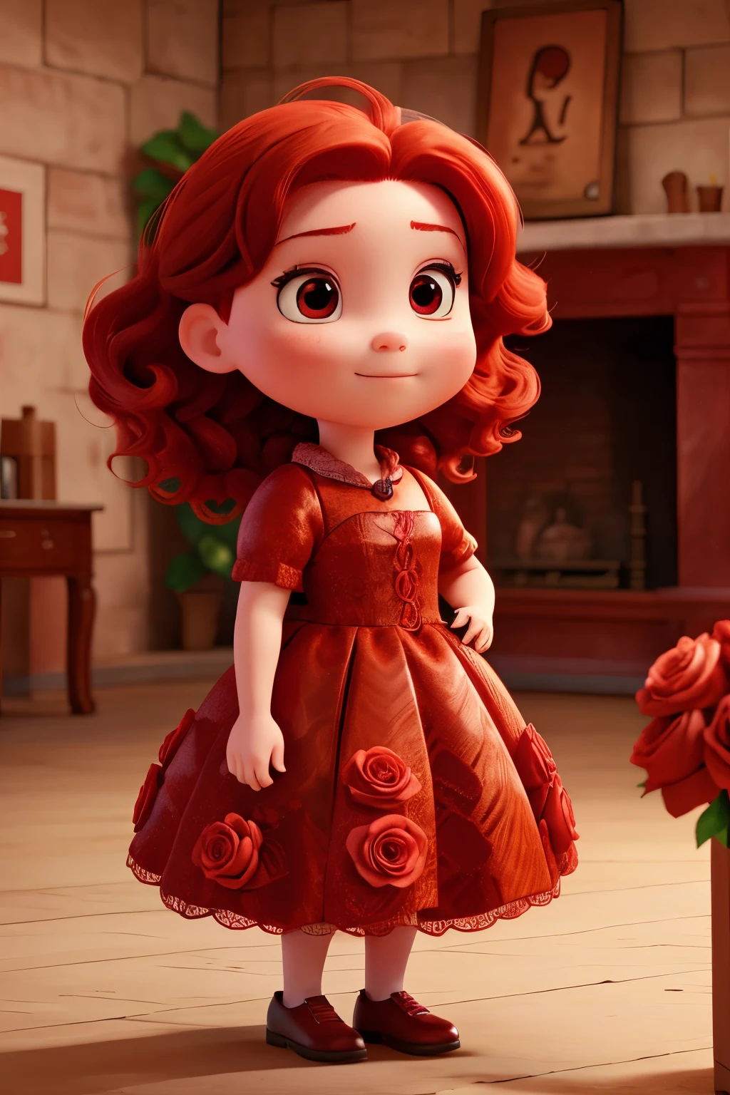 Red boa red hair and big round head and red cheeks small big red eyes red dress with flowers a lock of hair with rose
