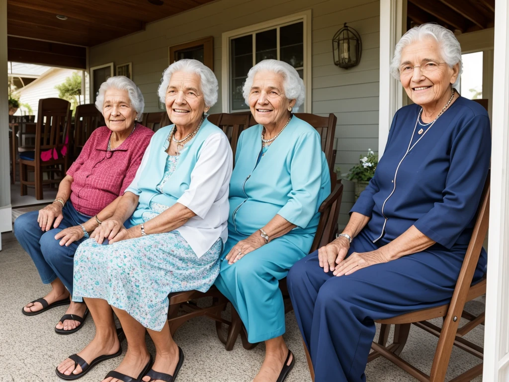 Grandma Catarina sitting on her porch, surrounded by people who love and respect her, with a smile of peace and happiness on your face.