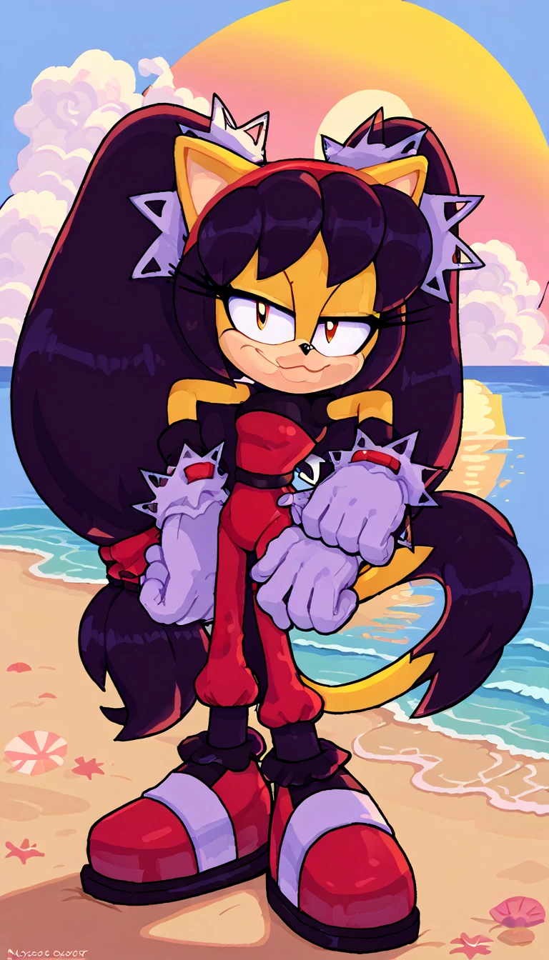 score_9, score_8_up, 2D, beach, sunset, looking at viewer, 1girl, very detailed, extremely detailed, honey the cat from the sonic the hedgehog series, full body, (red leotard), frilly hair ties, half-closed eyes, smug smile