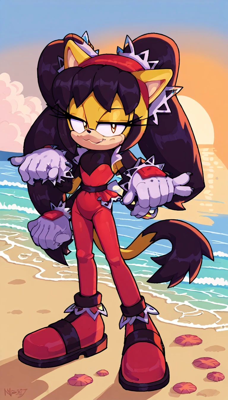 score_9, score_8_up, 2D, beach, sunset, looking at viewer, 1girl, very detailed, extremely detailed, honey the cat from the sonic the hedgehog series, full body, (red leotard), frilly hair ties, half-closed eyes, smug smile