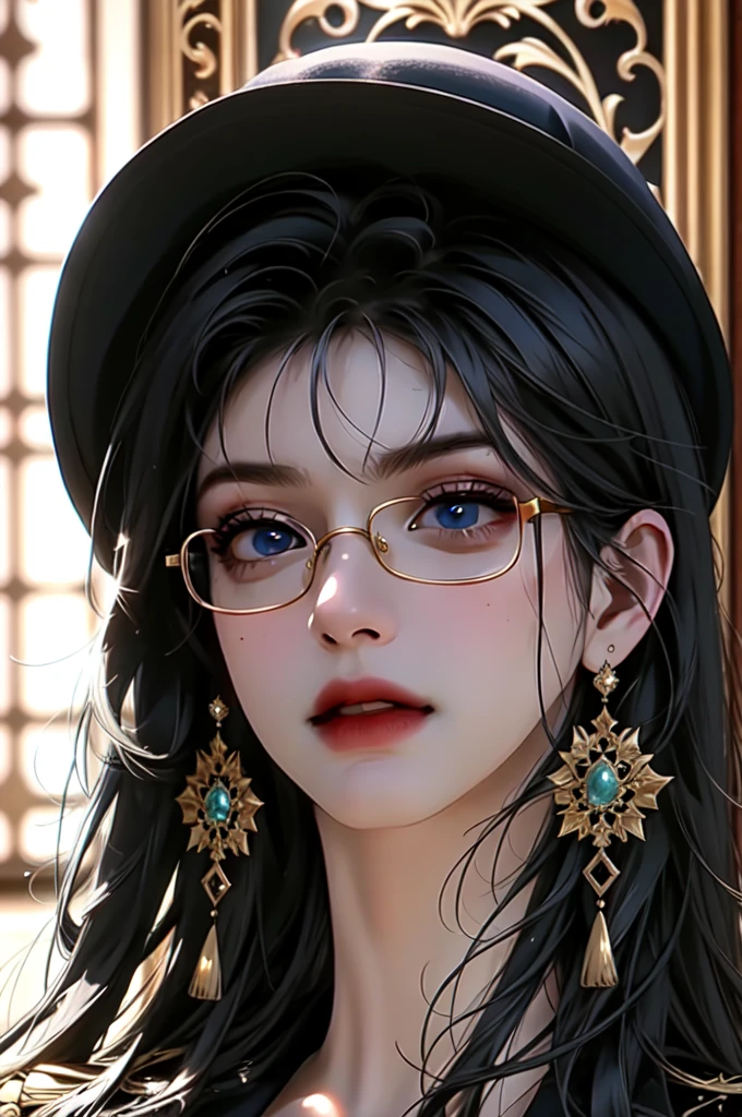 a young woman with long black hair, blue eyes, and round glasses, wearing a black hat with a golden detail, gold hoop earrings, detailed facial features, elegant, portrait, cinematic lighting, dramatic colors, highly detailed, 4k, photorealistic, digital painting
